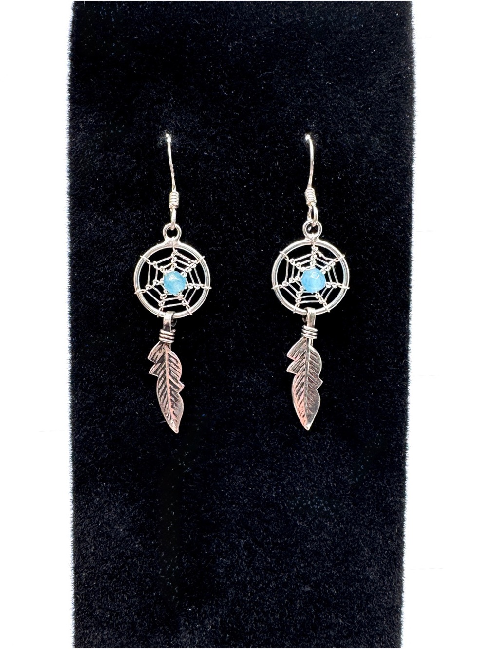 Sterling Silver Chalcedony Dreamcatcher Feather Drop Earrings